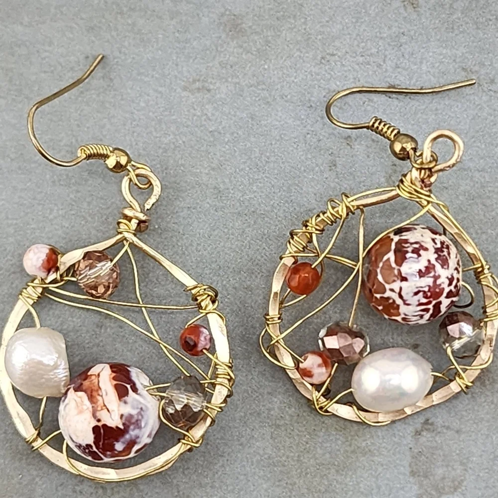 CATCH DREAMS BRASS METAL HANDMADE EARRINGS W/ AGATE, PEARLS & CRYSTALS